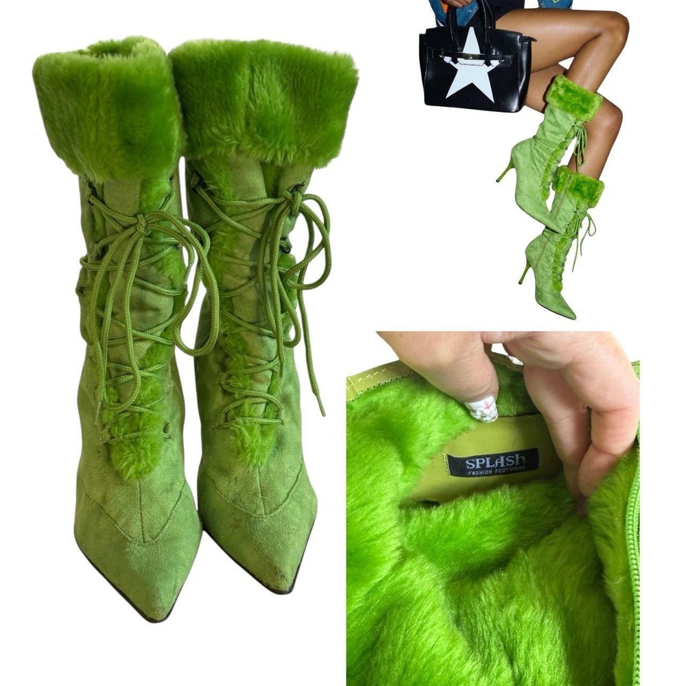 RARE GRAIL 90'S VTG. SPLASH LACE UP FUR POINTED TOE BOOTS 8.5 EUC - Picture 5 of 7